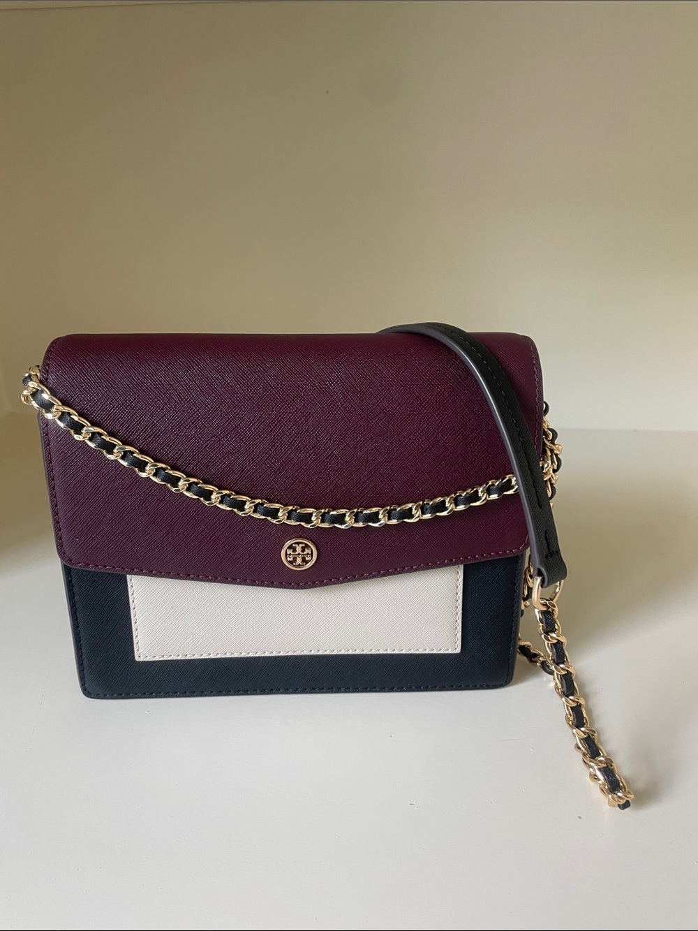 Tory Burch Tri-Color Chain Crossbody — Burgundy, Black & Cream